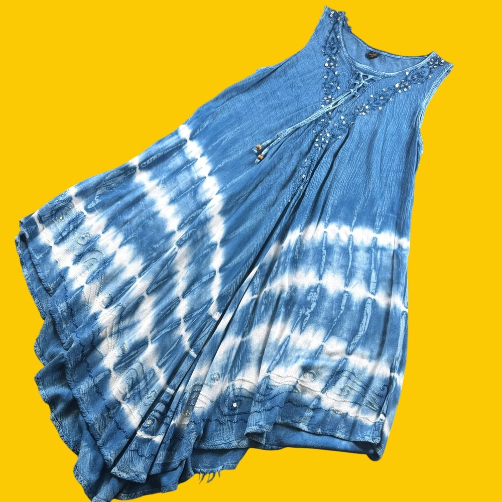 Riviera Sun Dress Women 2X Blue Tie Dye Sequin Lace Handkerchief Hem Boho Summer